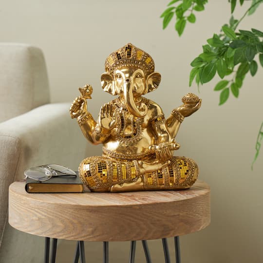 10.5" x 11" Gold Resin Ganesh Decorative Sculpture with Mosaic Details